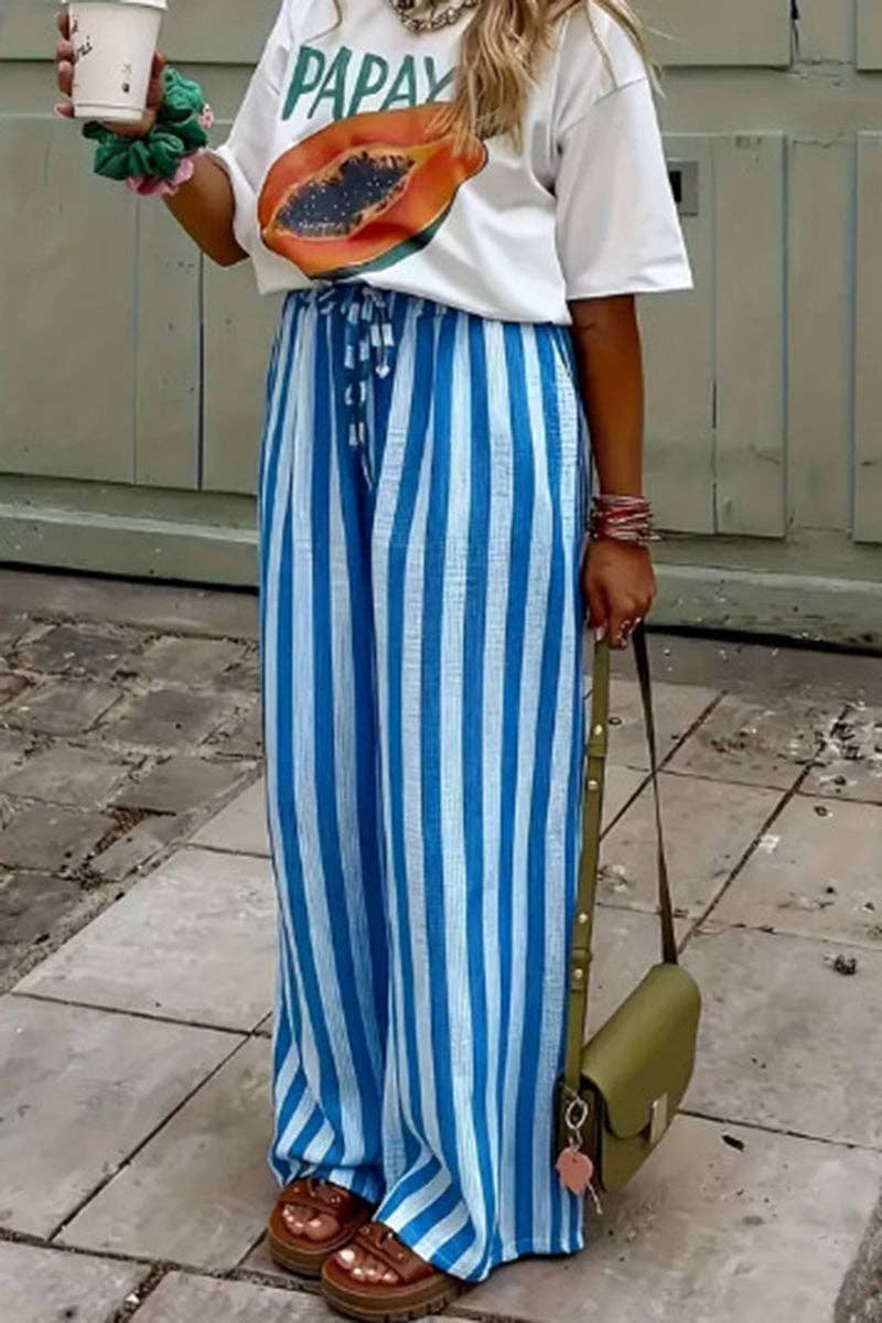 Black and White Striped Wide-Leg Casual Pants
