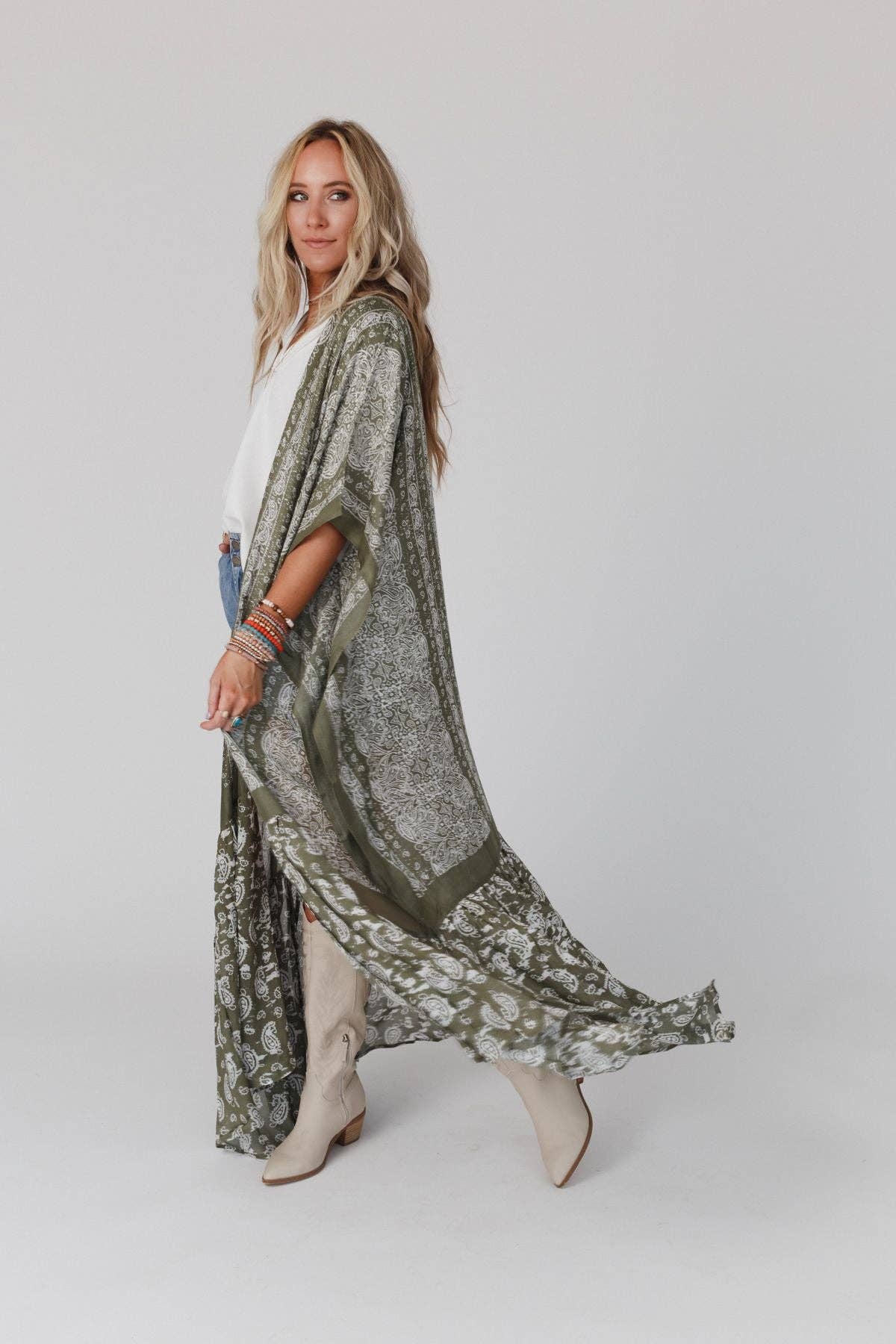 Paisley Tapestry Free Flow Duster Kimono - Olive 3BN