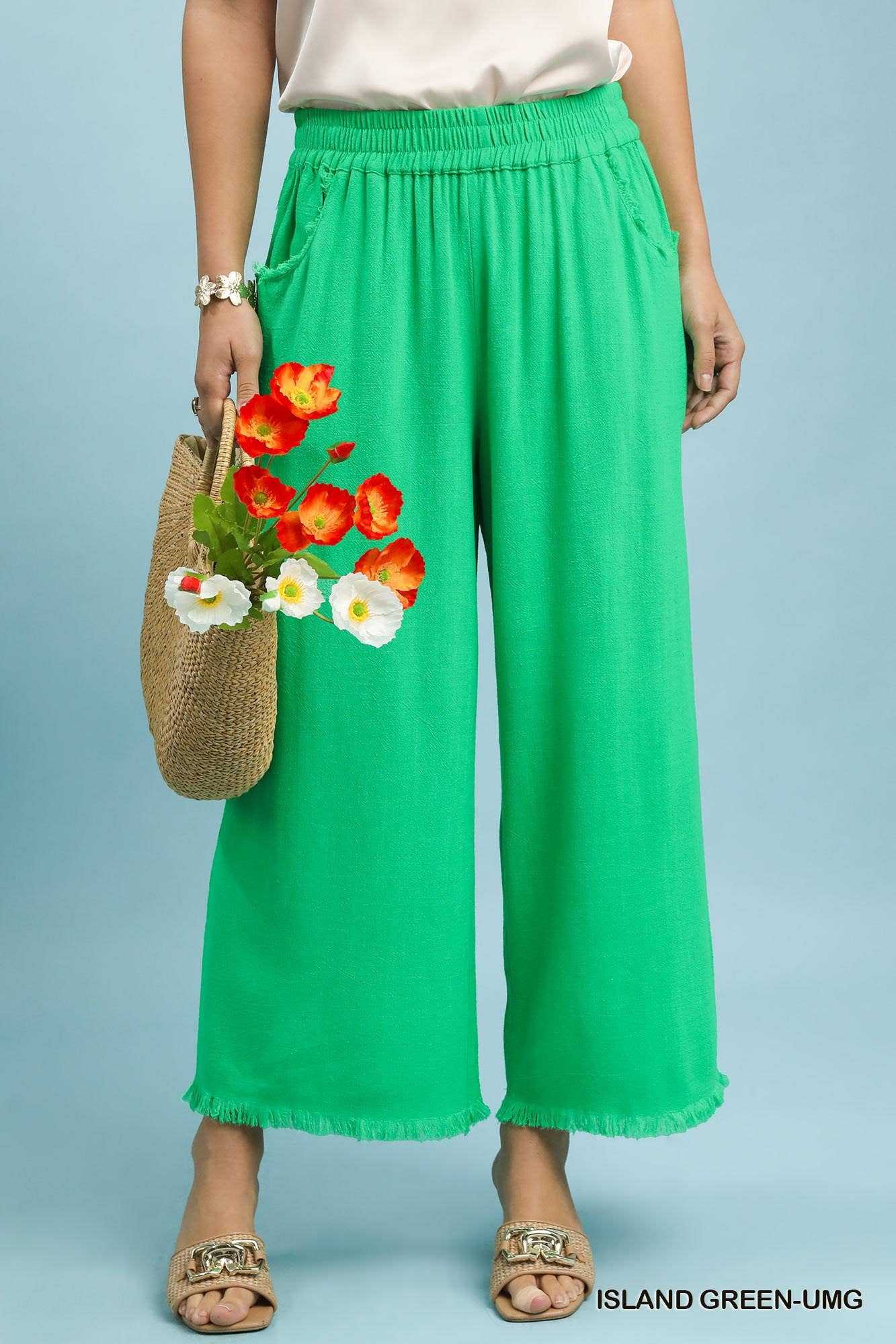 Frayed Hem Wide-leg Pants - Island Green