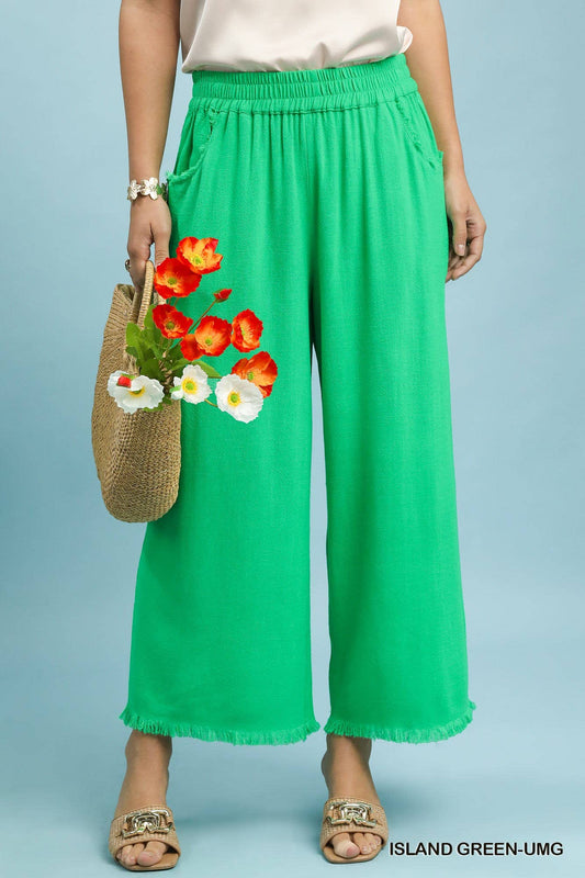 Frayed Hem Wide-leg Pants - Island Green
