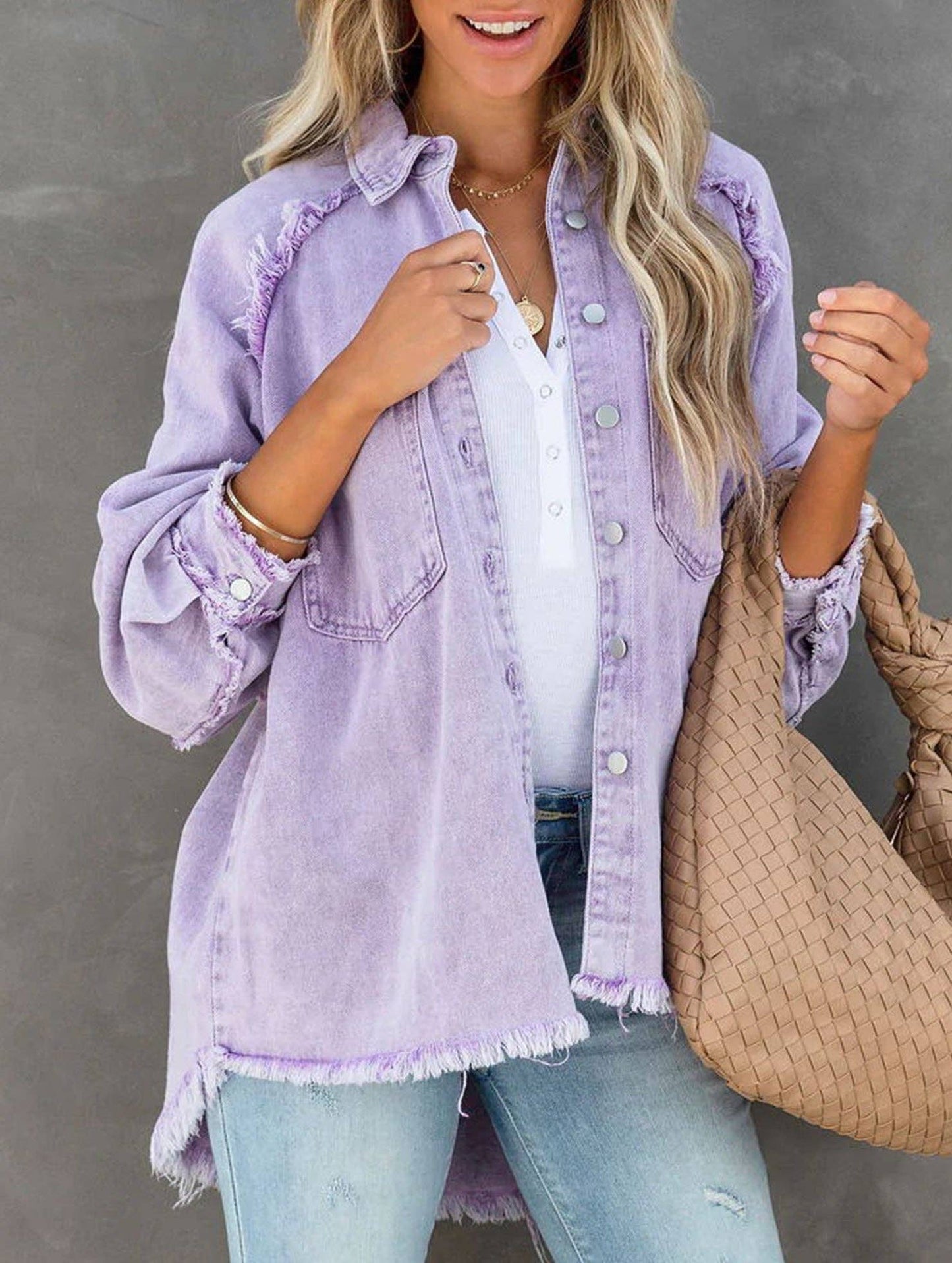 RAW edged loose pocket denim shacket