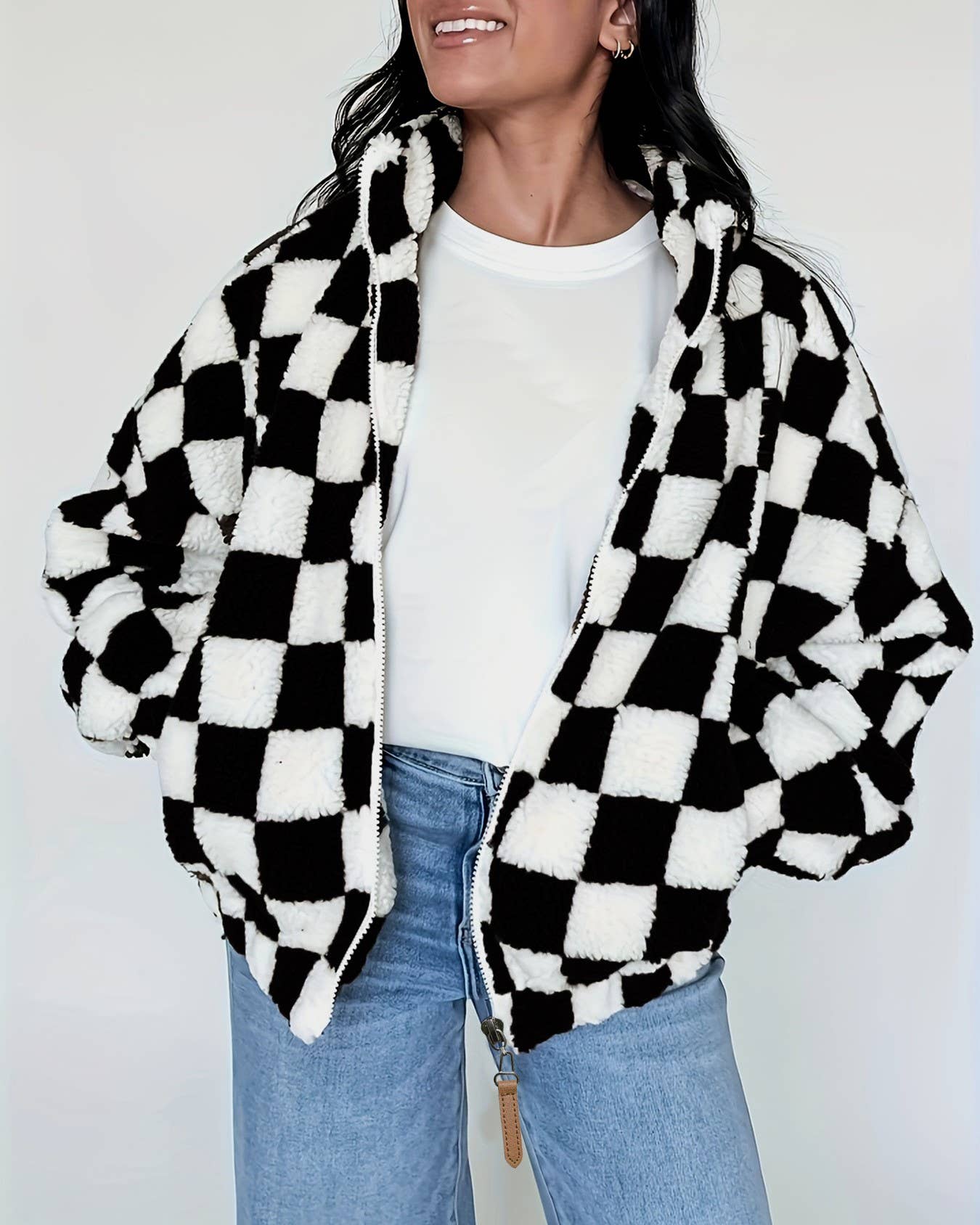 Checker Pattern Drop Shoulder Teddy Sherpa Jacket