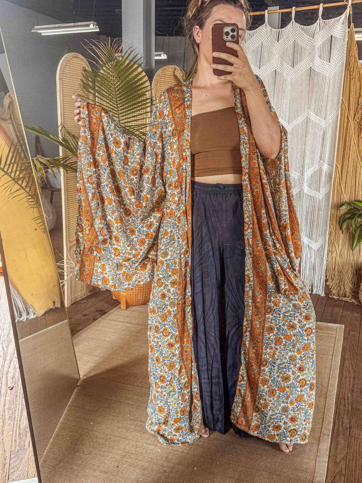 BOHO Silk Bell Sleeve Long Maxi Kimono Duster Cardigan - click to select color