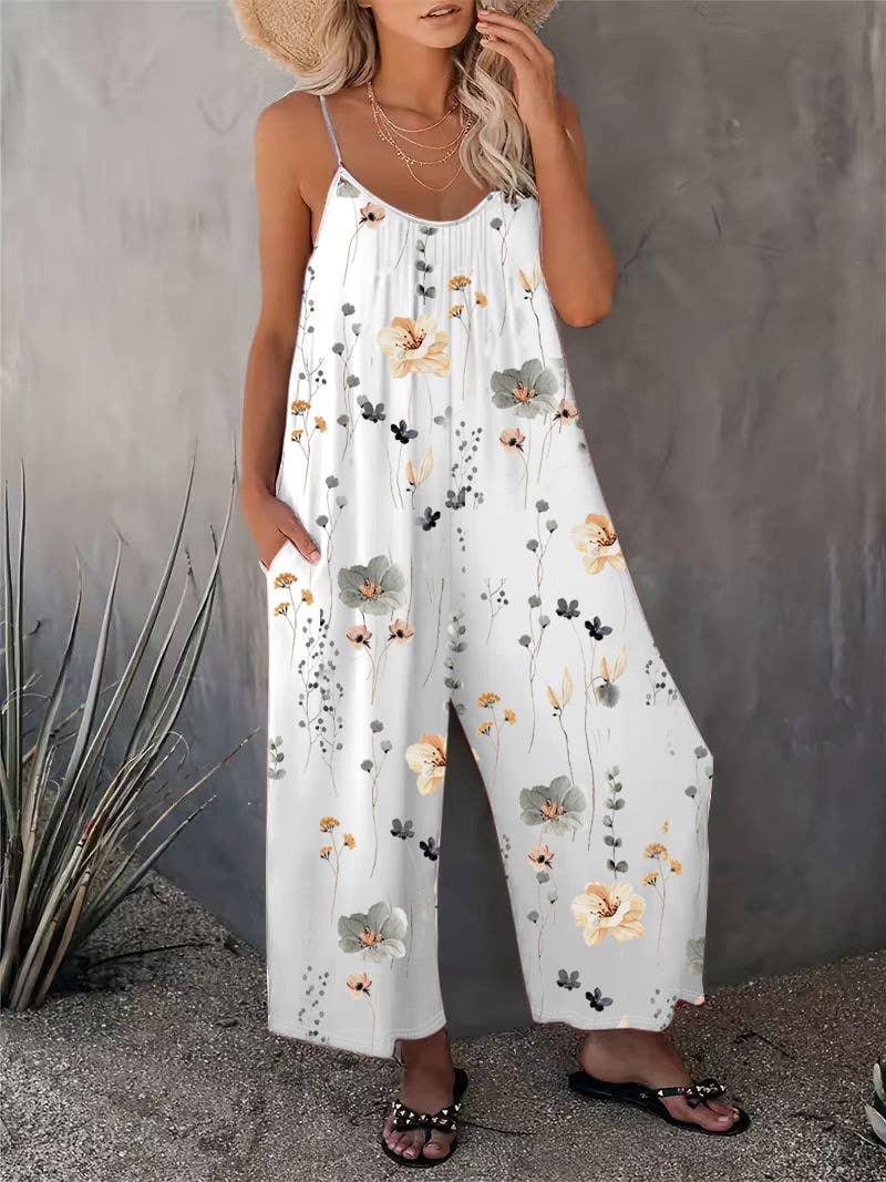Casual Sleeveless Floral Print Jumpsuit- select color