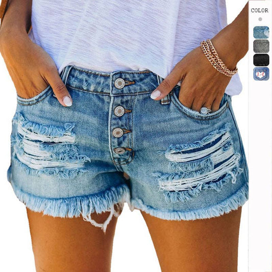Women's Ripped Fringe Denim Button Fly Shorts