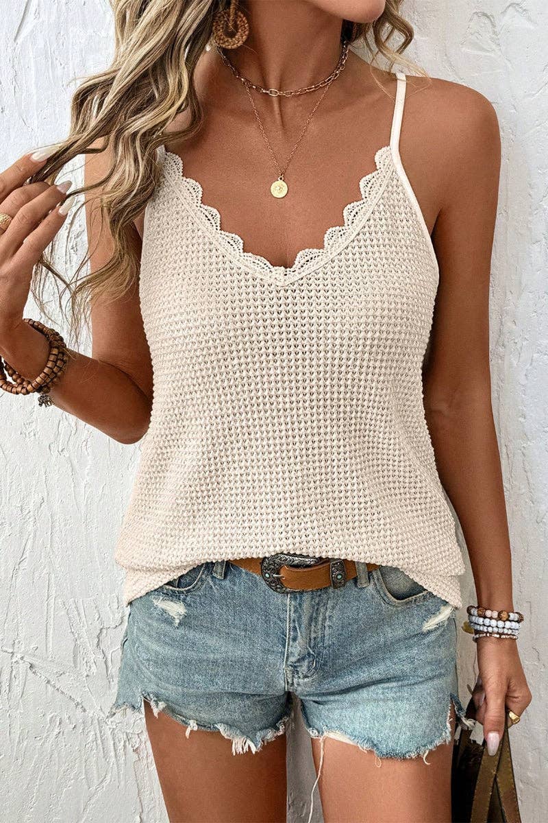 Crochet Knit Lace Trim V Neck Cami Tank Top