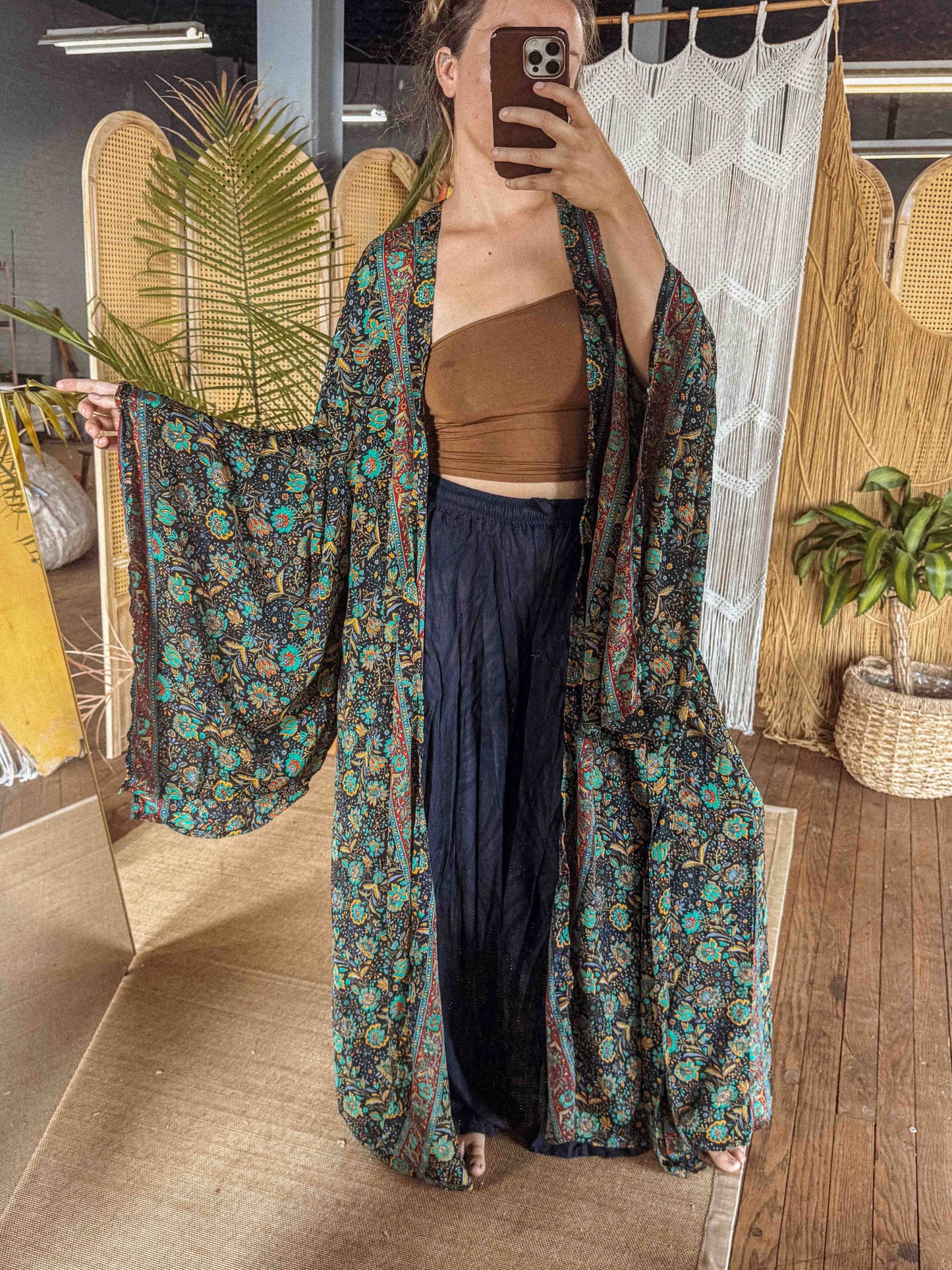 BOHO Silk Bell Sleeve Long Maxi Kimono Duster Cardigan - click to select color