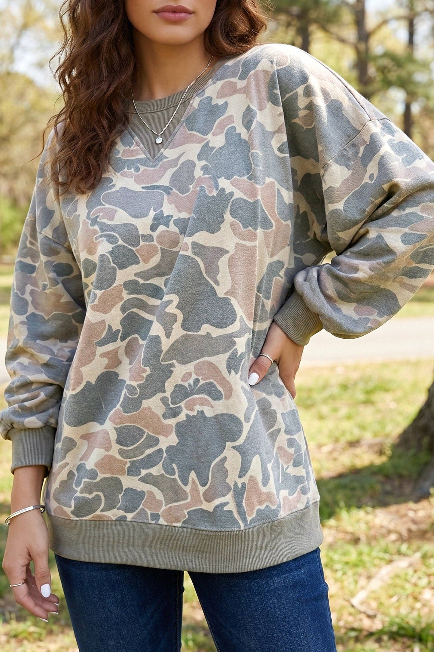 Camouflage Oversized Pullover Sweatshirt Rib Trim Top