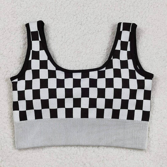 Adult Women Black Checkered Knitted Crop Bra Tops