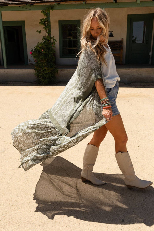 Paisley Tapestry Free Flow Duster Kimono - Olive 3BN