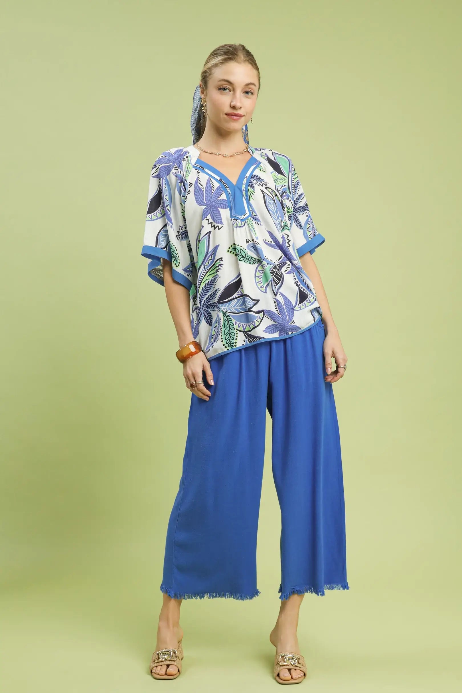 Frayed Hem Wide-leg Pants - Cerulean Blue
