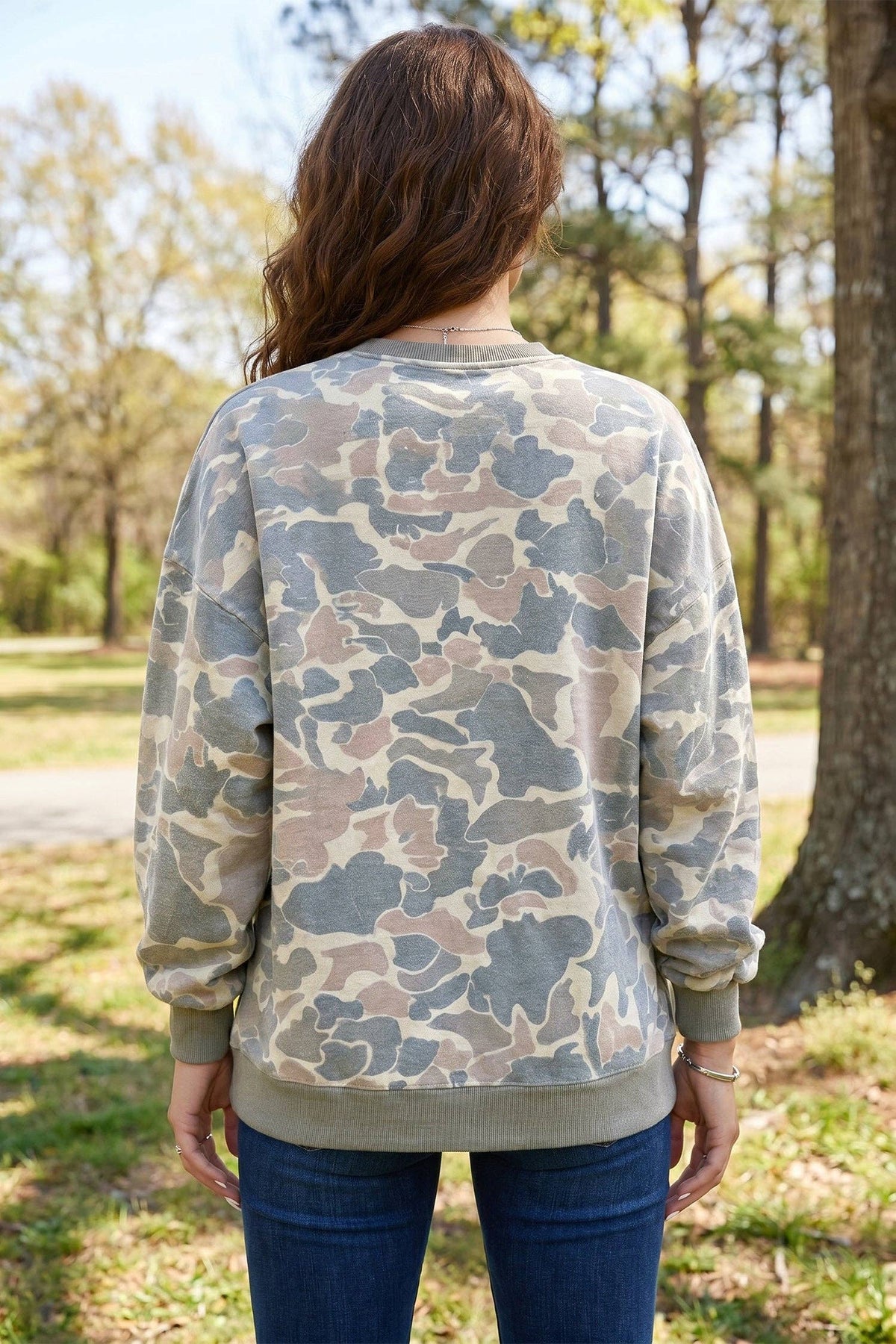 Camouflage Oversized Pullover Sweatshirt Rib Trim Top