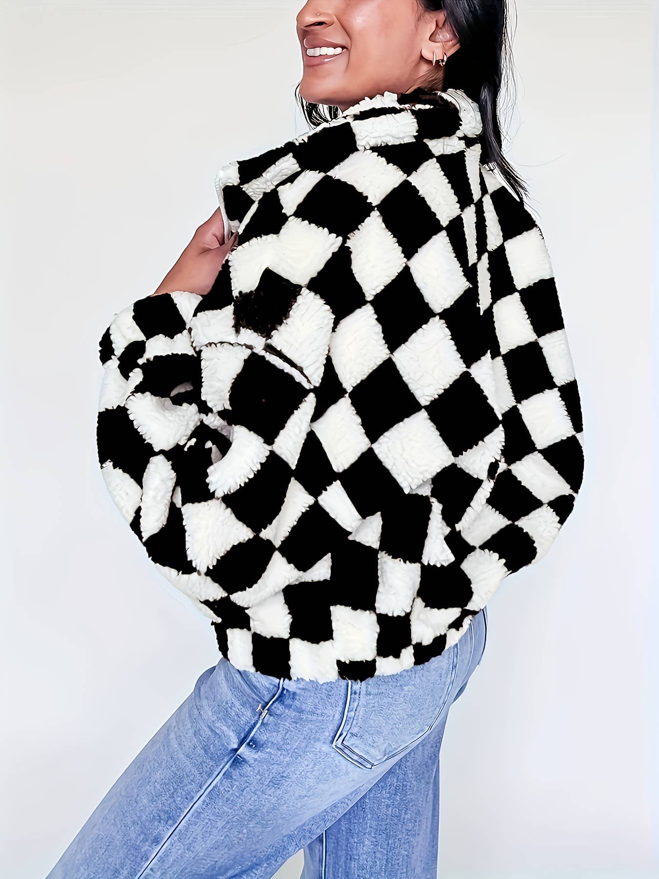 Checker Pattern Drop Shoulder Teddy Sherpa Jacket