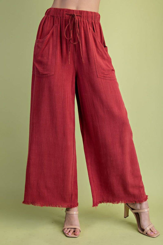 Frayed Hem Wide-leg Pants - Clay Red