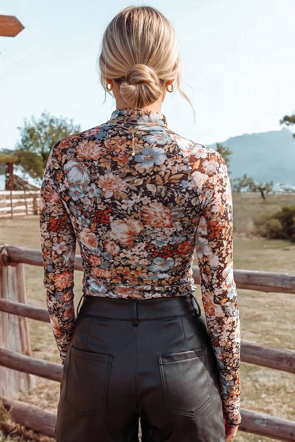 Floral Long Sleeve Mock Neck Sheath Mesh Blouse