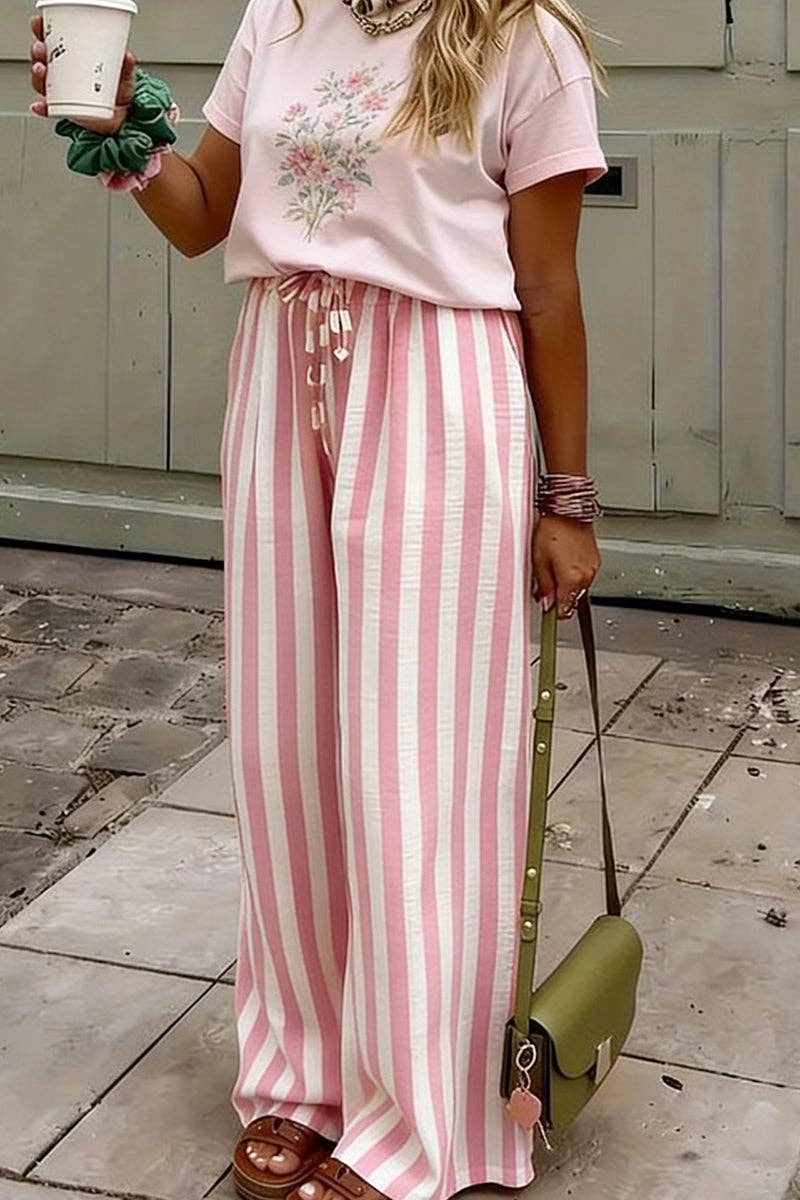 Black and White Striped Wide-Leg Casual Pants