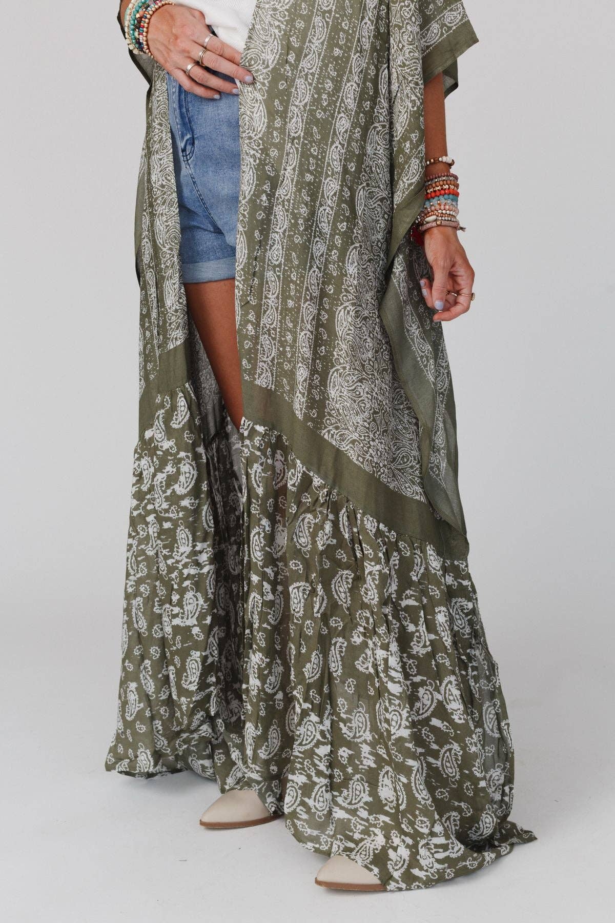Paisley Tapestry Free Flow Duster Kimono - Olive 3BN