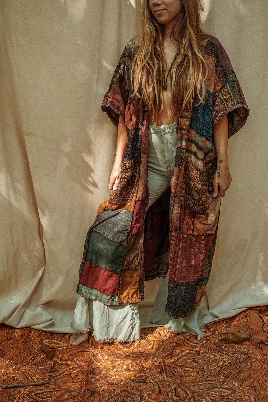 Earthy Hippie Boho Duster Patchwork Kimono, Unisex Smock