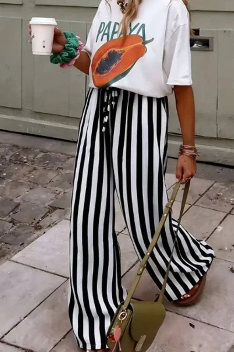 Black and White Striped Wide-Leg Casual Pants