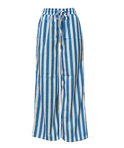 Light Blue Boho Beach Vertical Stripe Lace-Up Pants