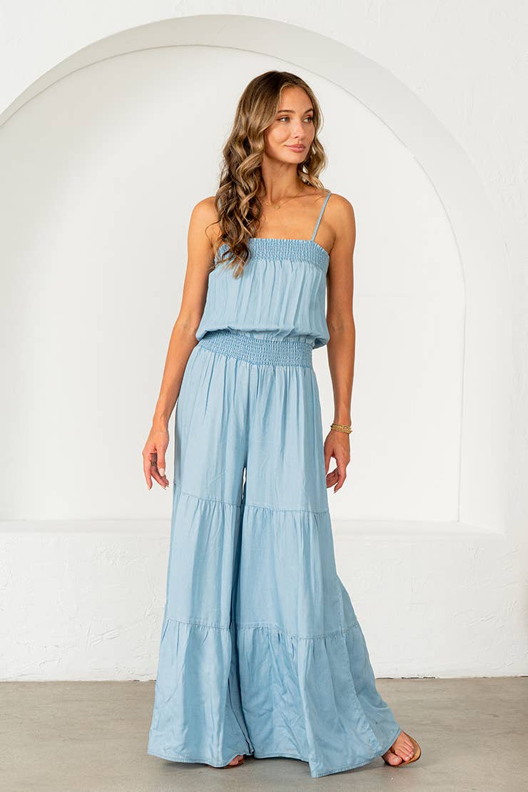 Relaxed Fit denim Smocked Tiered Wide Leg Jumpsuit