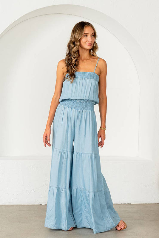 Relaxed Fit denim Smocked Tiered Wide Leg Jumpsuit