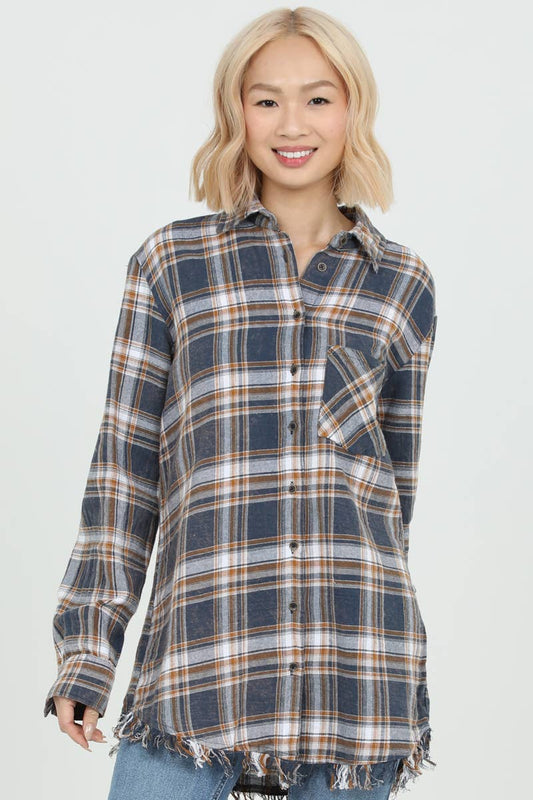 PLAID FRAYED HEM BUTTON shirt