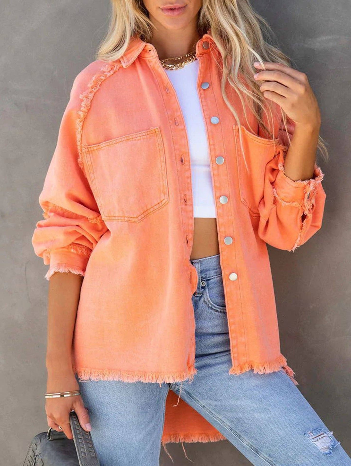 RAW edged loose pocket denim shacket