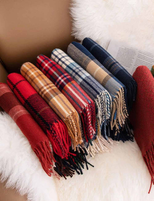 Retro Soft Wool Checkered Fringed Winter Scarf - choose color