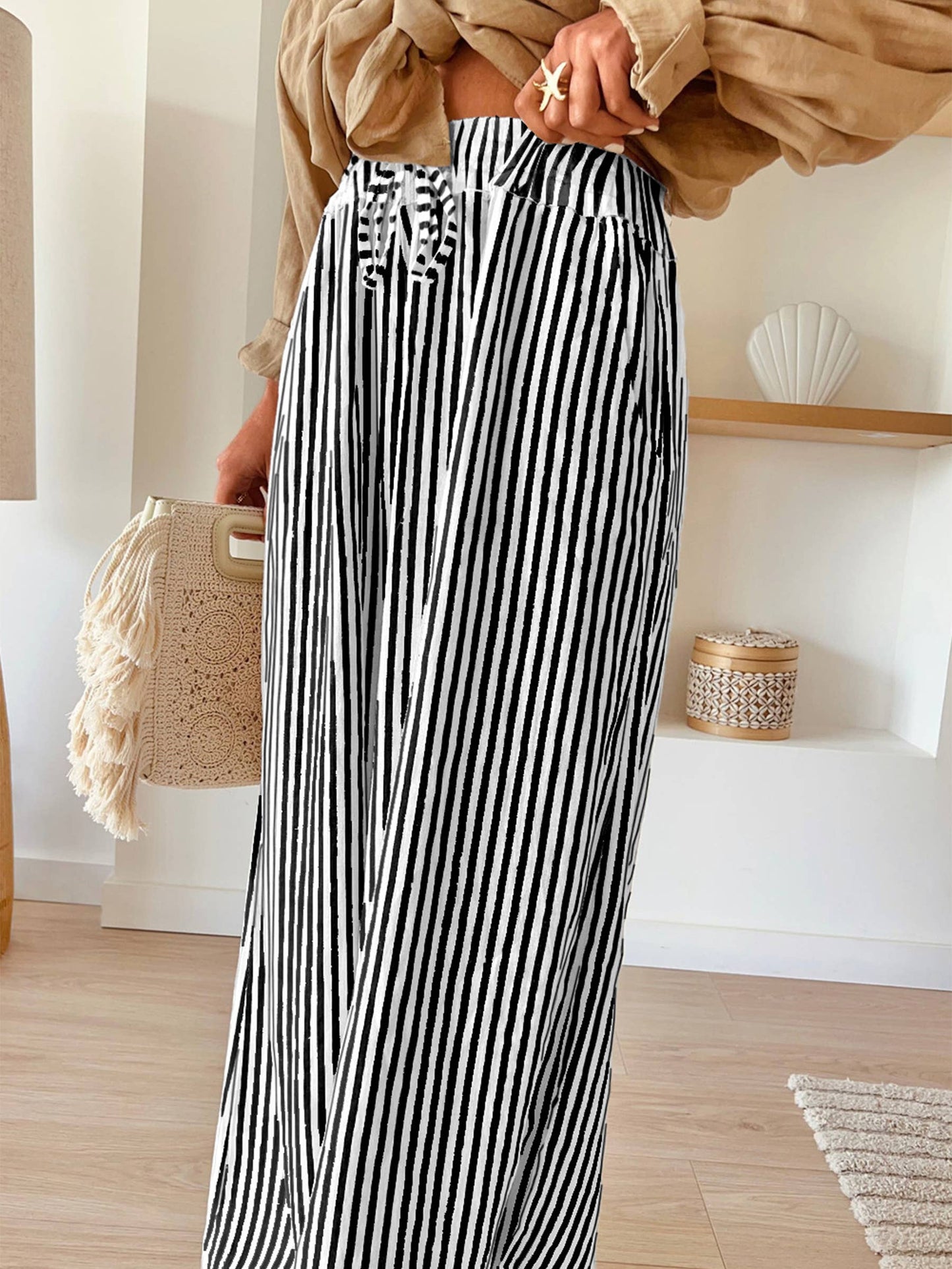 Striped Printed Wide Leg Pocket Pants