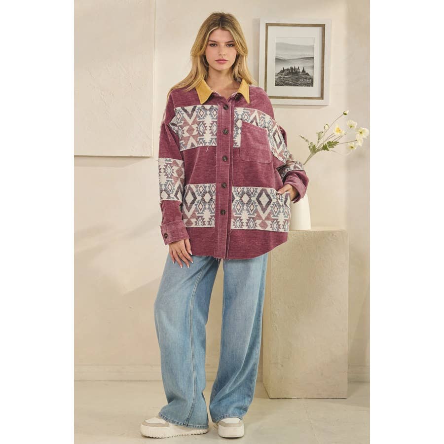 WASHED AZTEC PRINTED MIXED BUTTON DOWN SHACKET