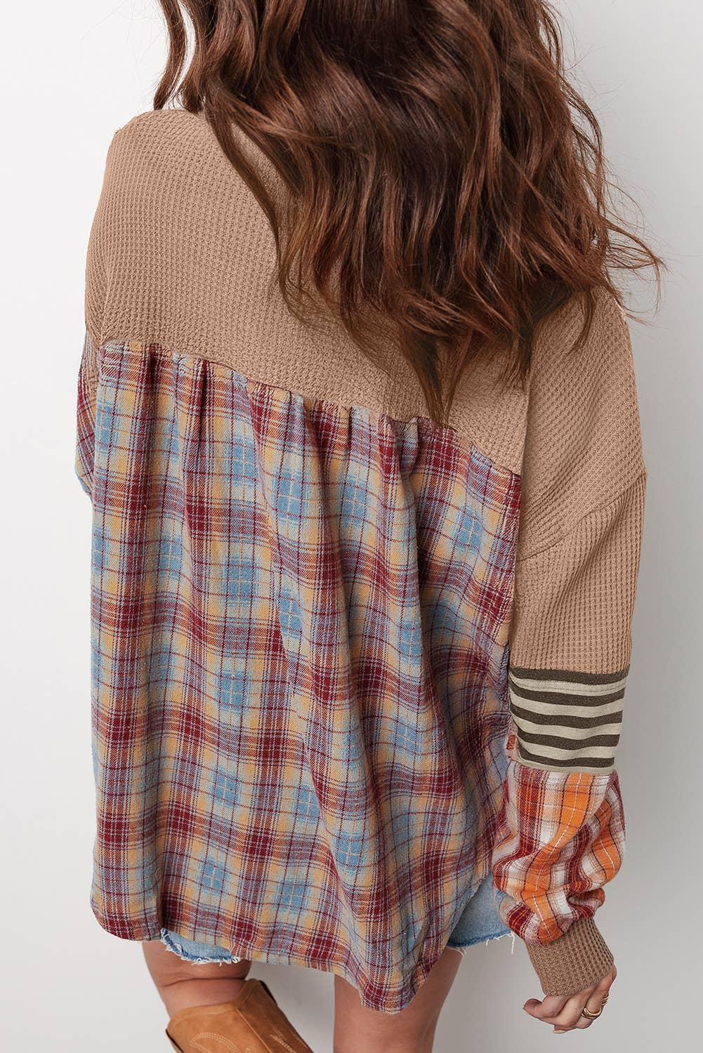 Waffle Stripe Plaid Patchwork Knit Top