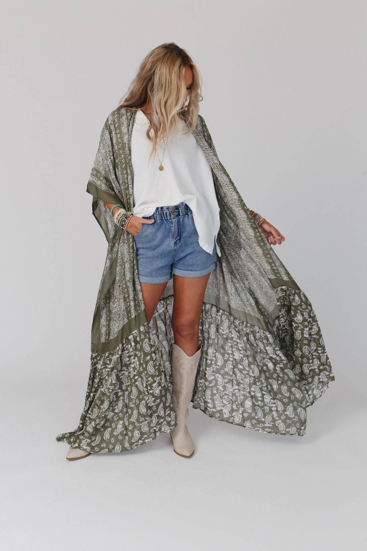 Paisley Tapestry Free Flow Duster Kimono - Olive 3BN