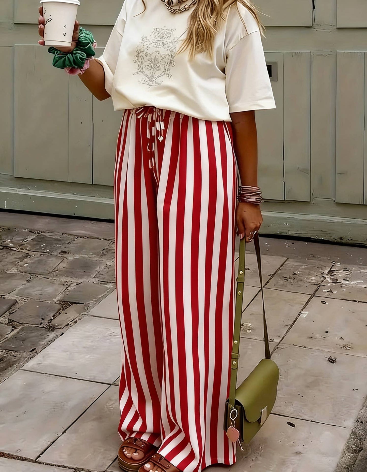 Brick Red and White vertical Stripe boho Pants