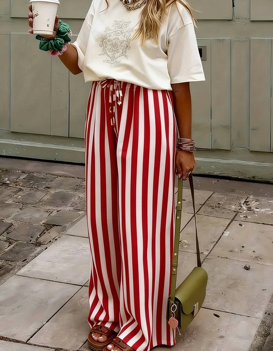 Brick Red and White vertical Stripe boho Pants