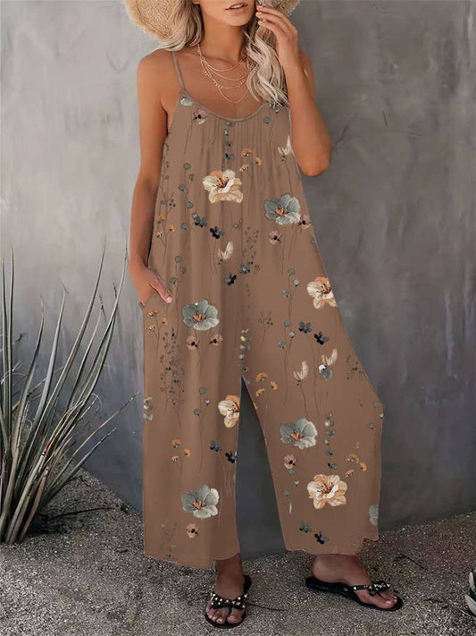 Casual Sleeveless Floral Print Jumpsuit- select color