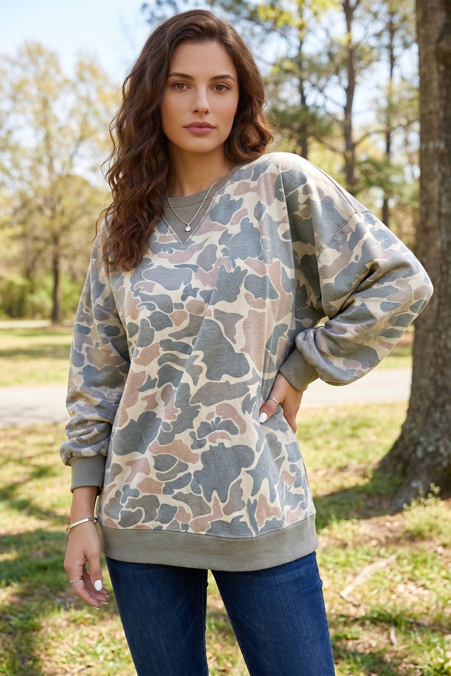 Camouflage Oversized Pullover Sweatshirt Rib Trim Top