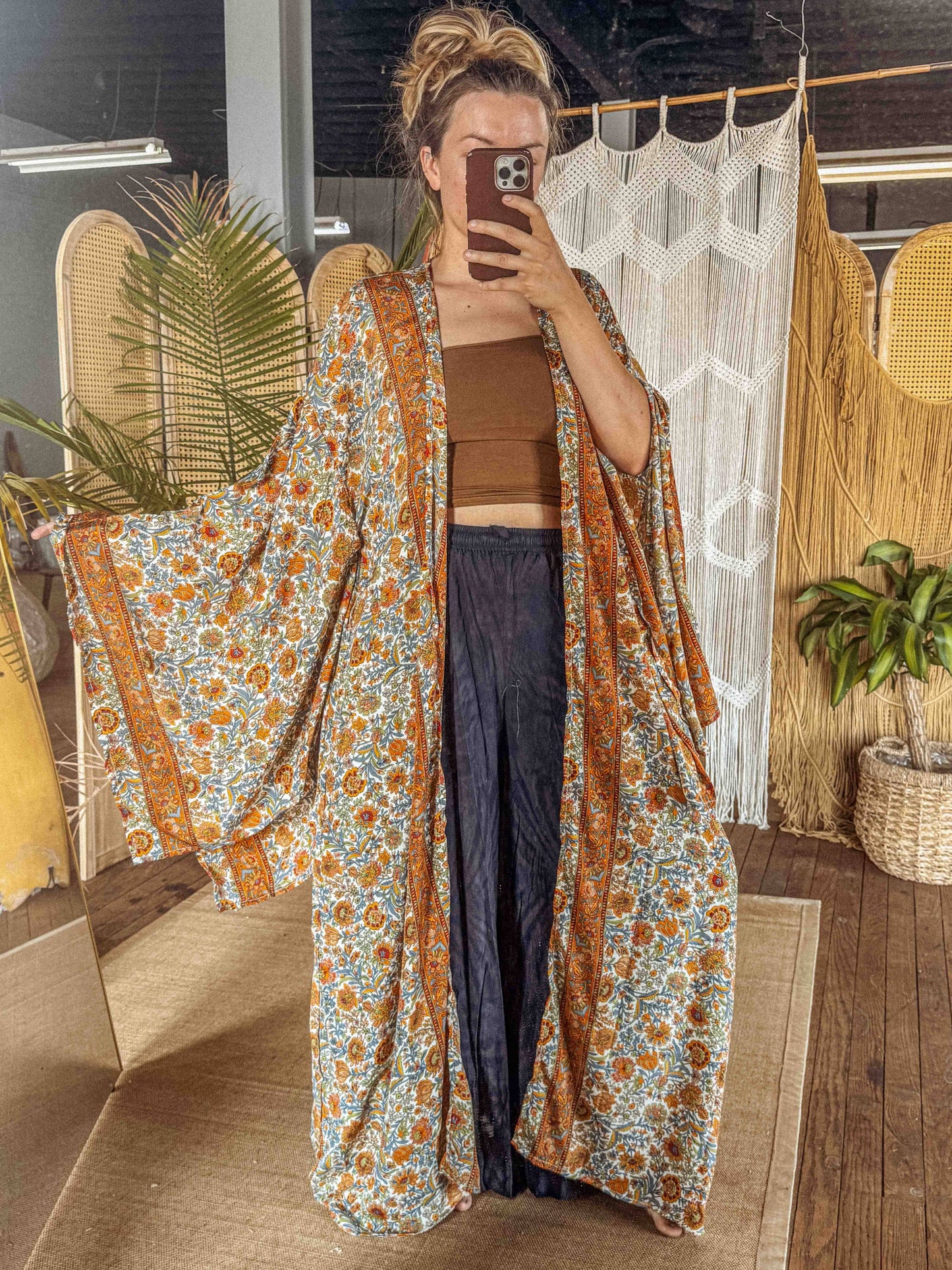 BOHO Silk Bell Sleeve Long Maxi Kimono Duster Cardigan - click to select color
