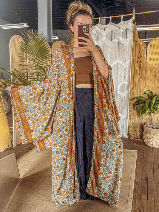 BOHO Silk Bell Sleeve Long Maxi Kimono Duster Cardigan - click to select color