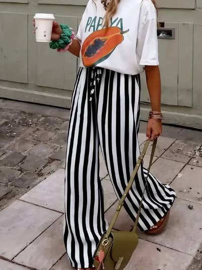Light Blue Boho Beach Vertical Stripe Lace-Up Pants