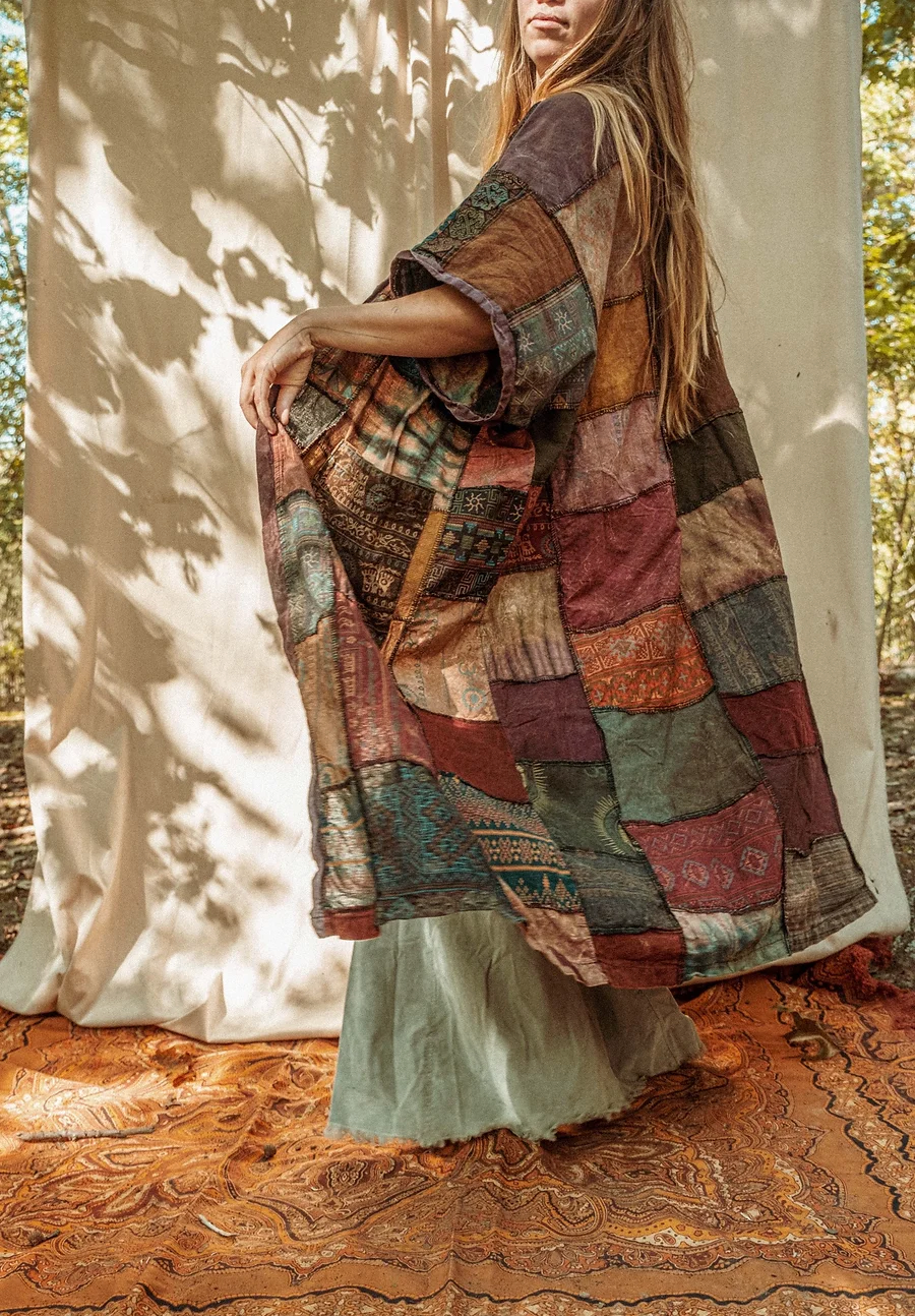 Earthy Hippie Boho Duster Patchwork Kimono, Unisex Smock