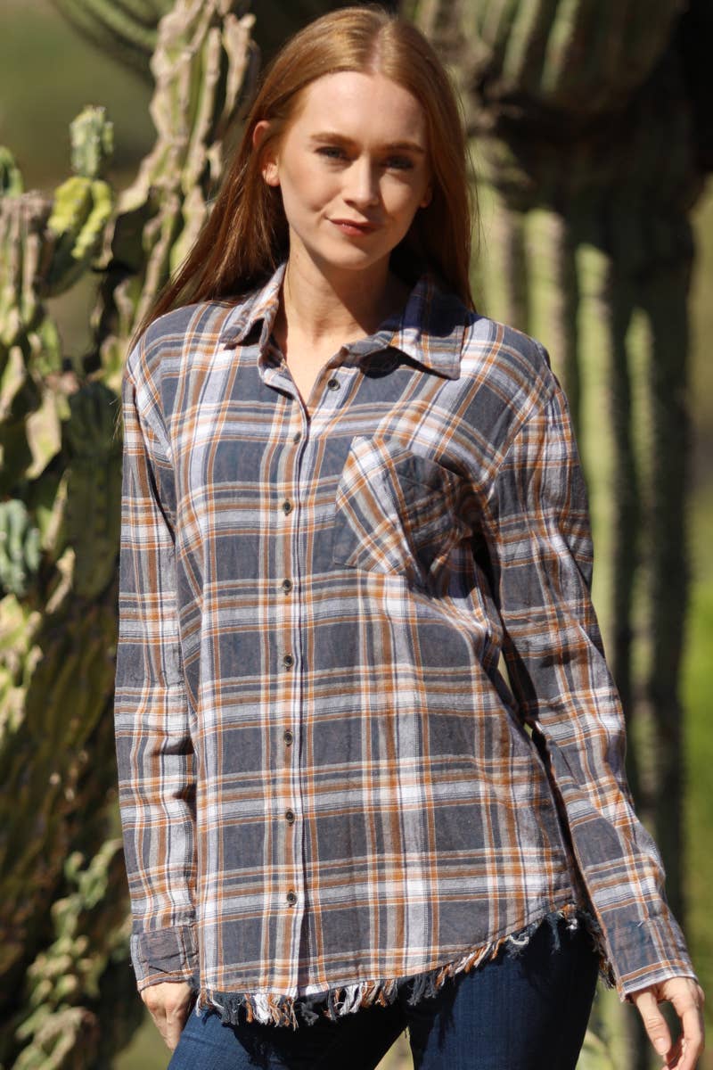 PLAID FRAYED HEM BUTTON shirt