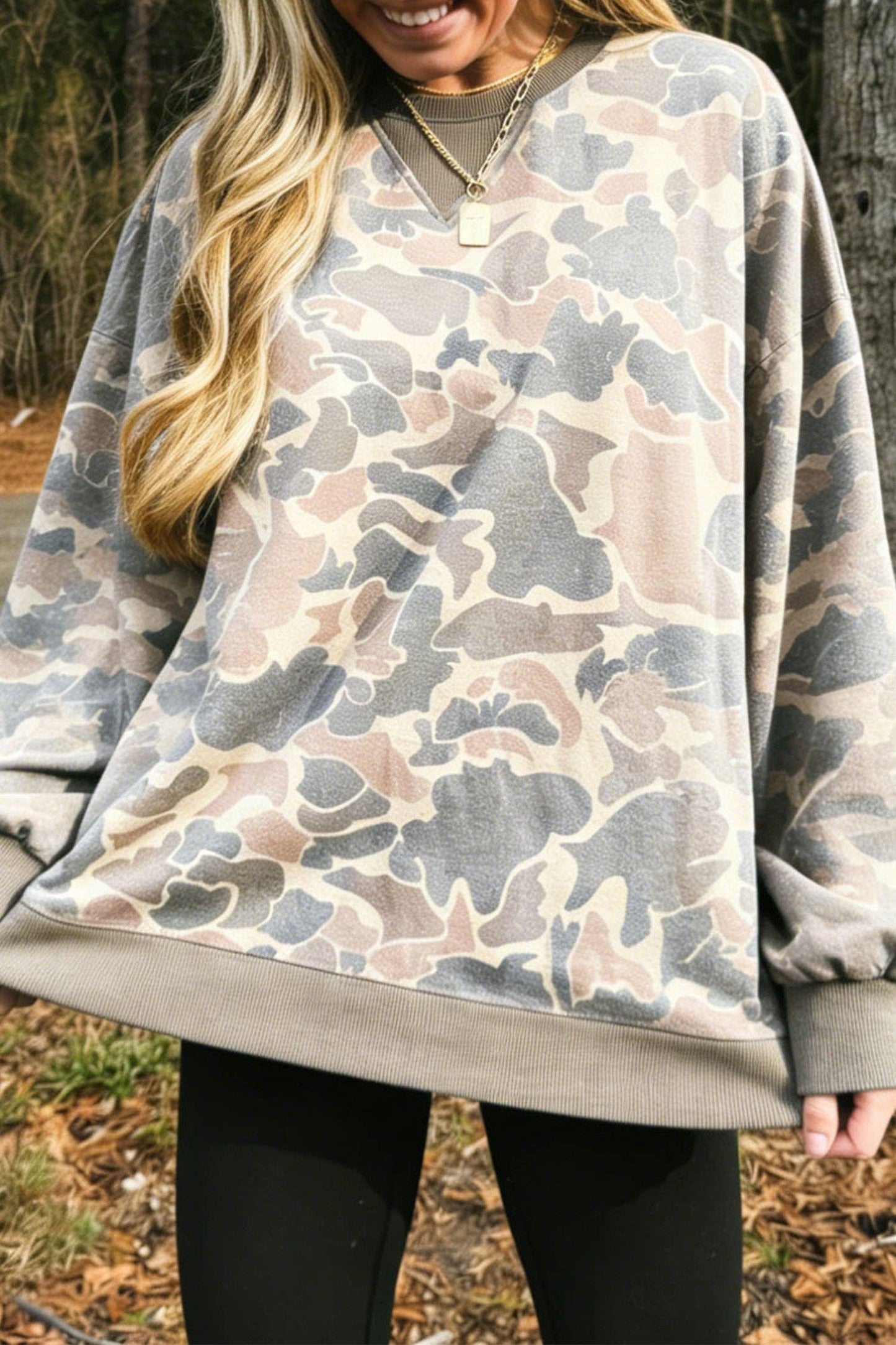 Camouflage Oversized Pullover Sweatshirt Rib Trim Top