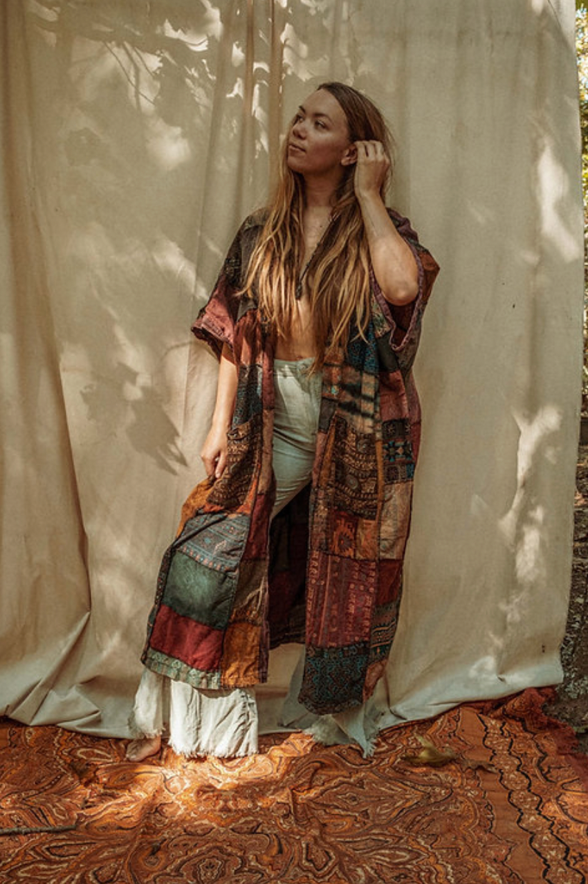 Earthy Hippie Boho Duster Patchwork Kimono, Unisex Smock