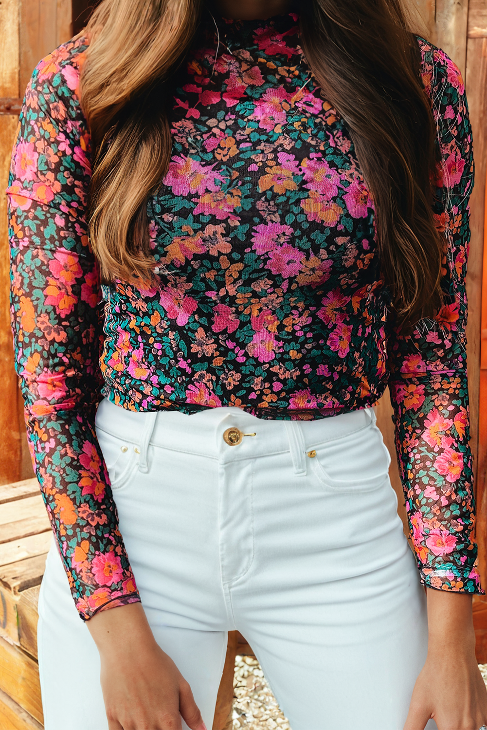Floral Mesh Long Sleeve Mock Neck Top (select print)