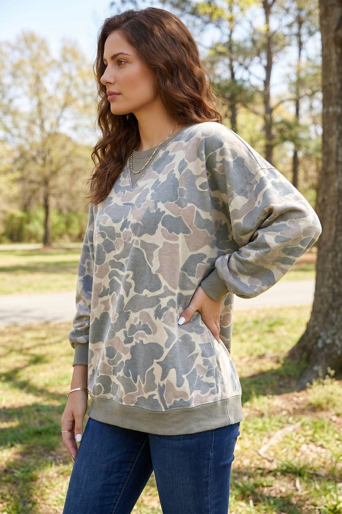 Camouflage Oversized Pullover Sweatshirt Rib Trim Top