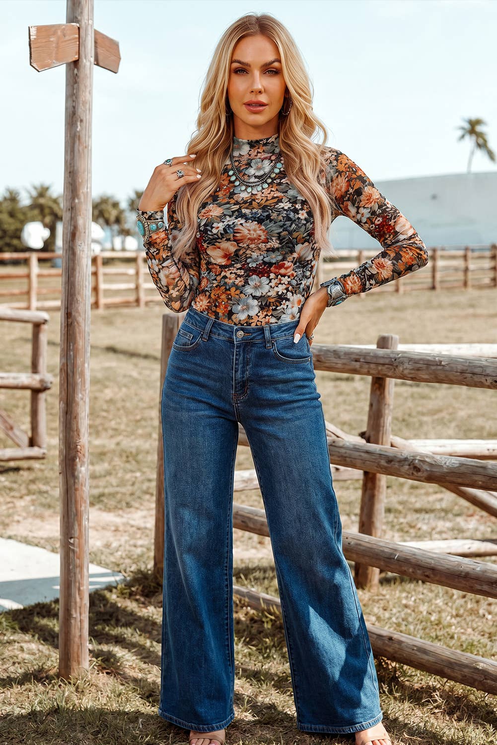 Floral Long Sleeve Mock Neck Sheath Mesh Blouse