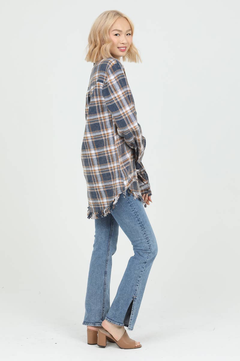 PLAID FRAYED HEM BUTTON shirt