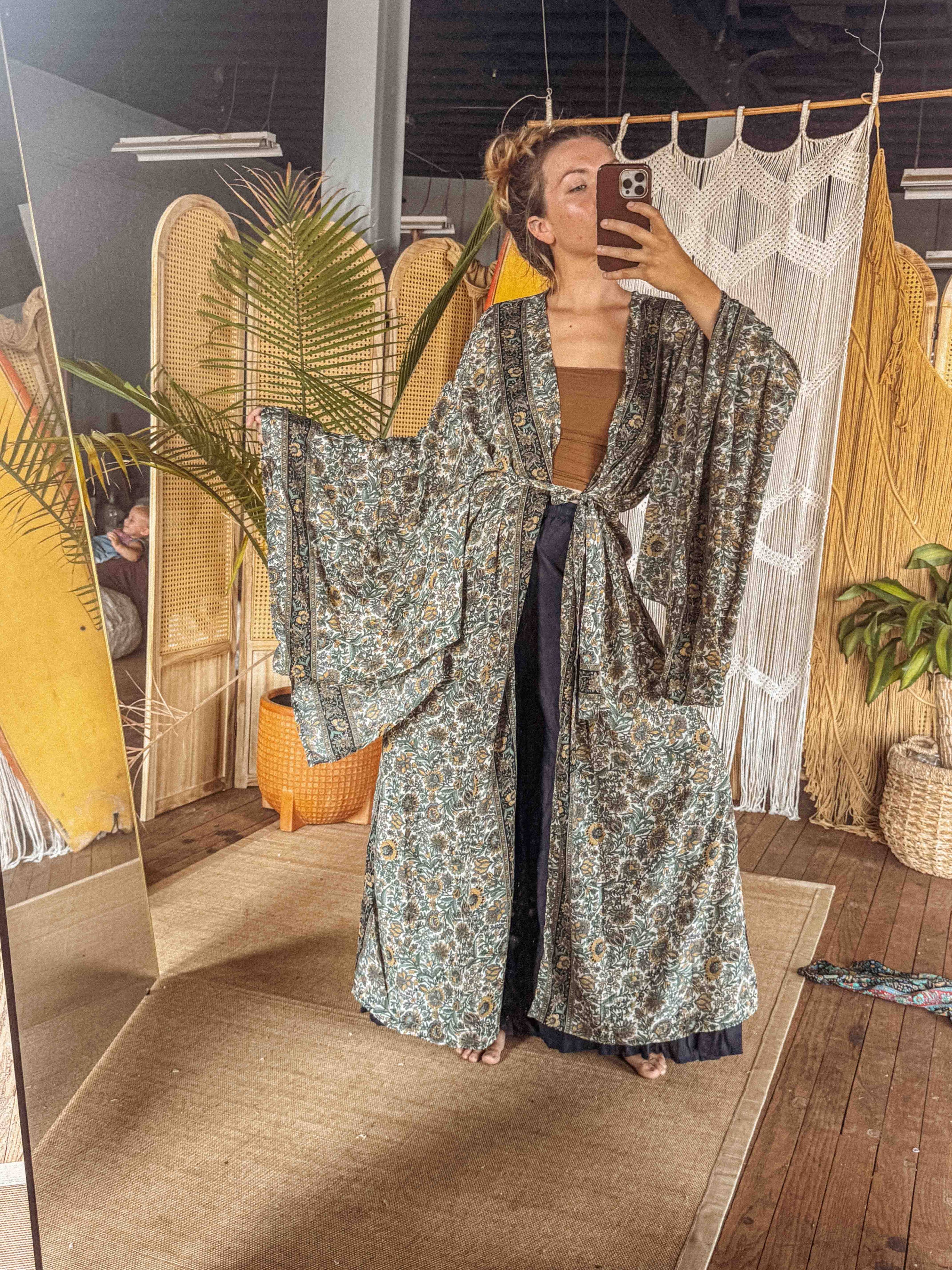 BOHO Silk Bell Sleeve Long Maxi Kimono Duster Cardigan - click to select color