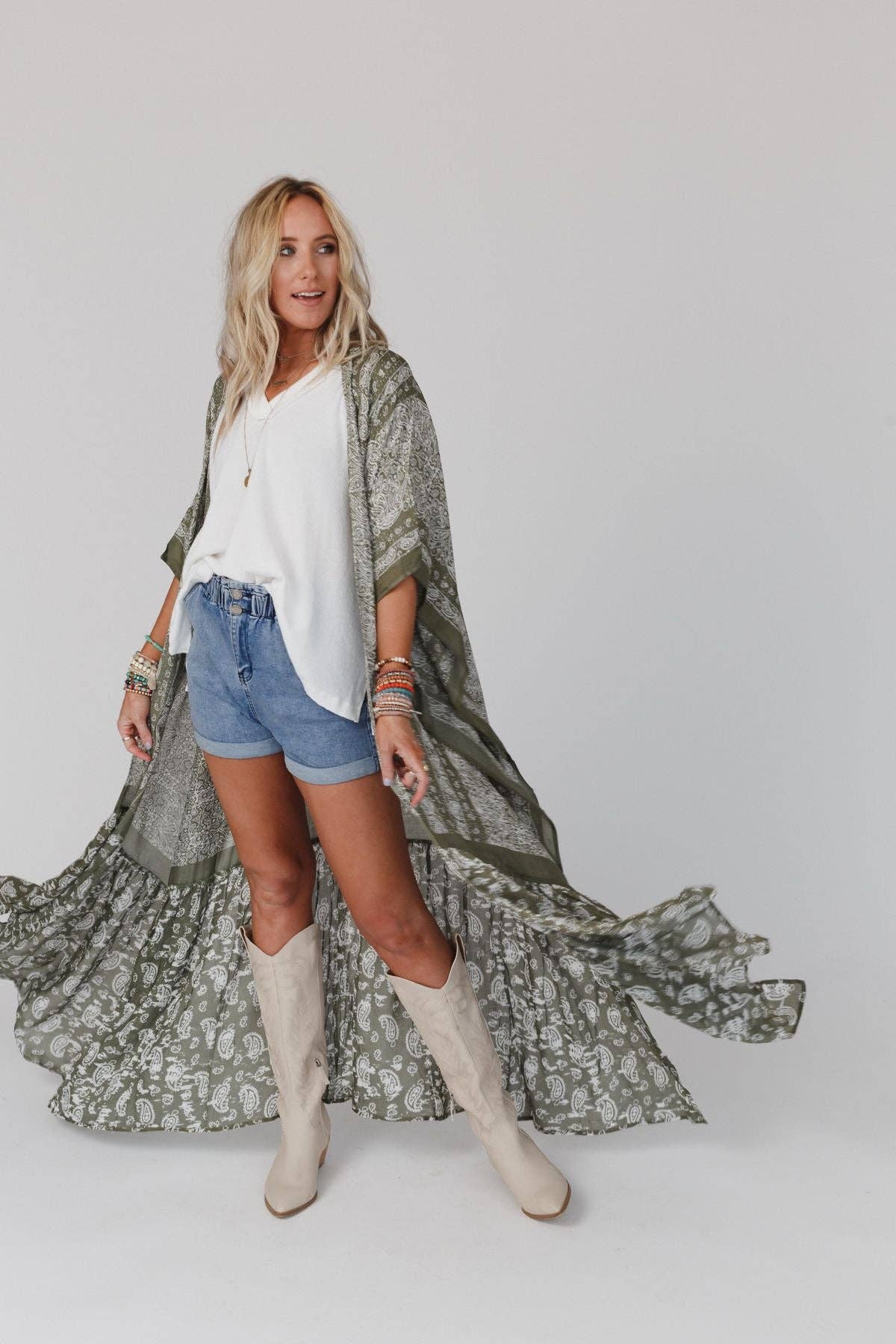 Paisley Tapestry Free Flow Duster Kimono - Olive 3BN